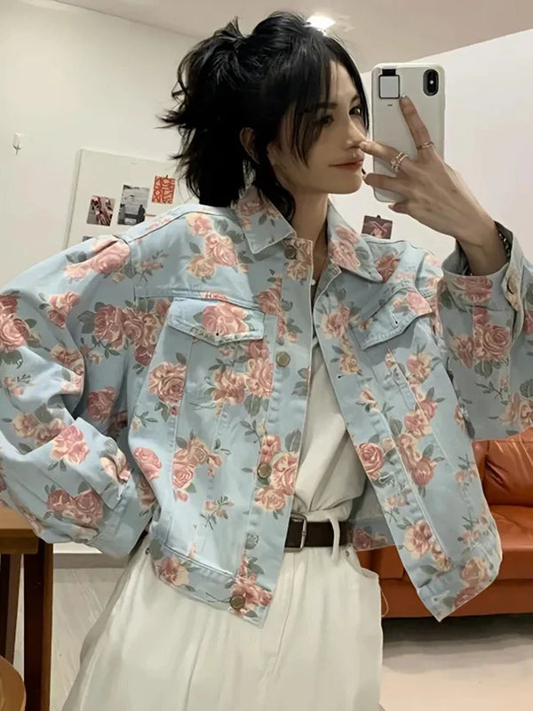 Vintage Rose Floral Denim Jacket — vista frontale