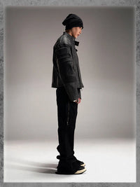 Vintage Short Distressed Black Faux Leather Jacket — dettaglio