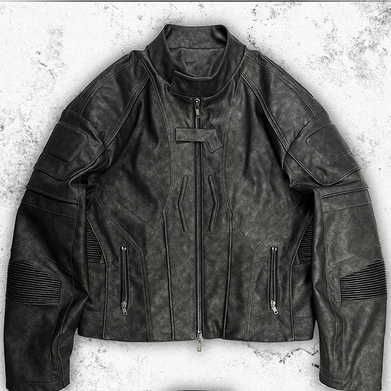 Vintage Short Distressed Black Faux Leather Jacket — vista frontale