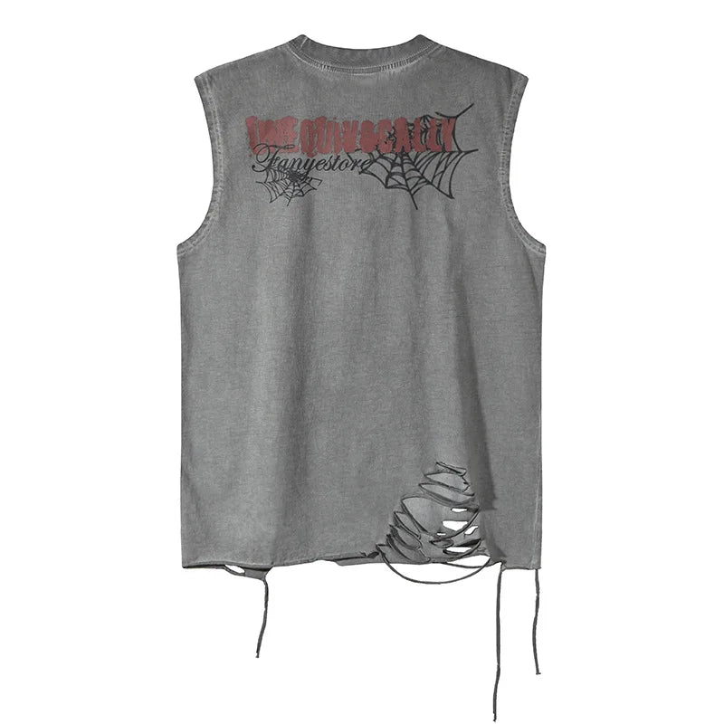 Vintage Spider Web Distressed Tank Top — dettaglio della stampa