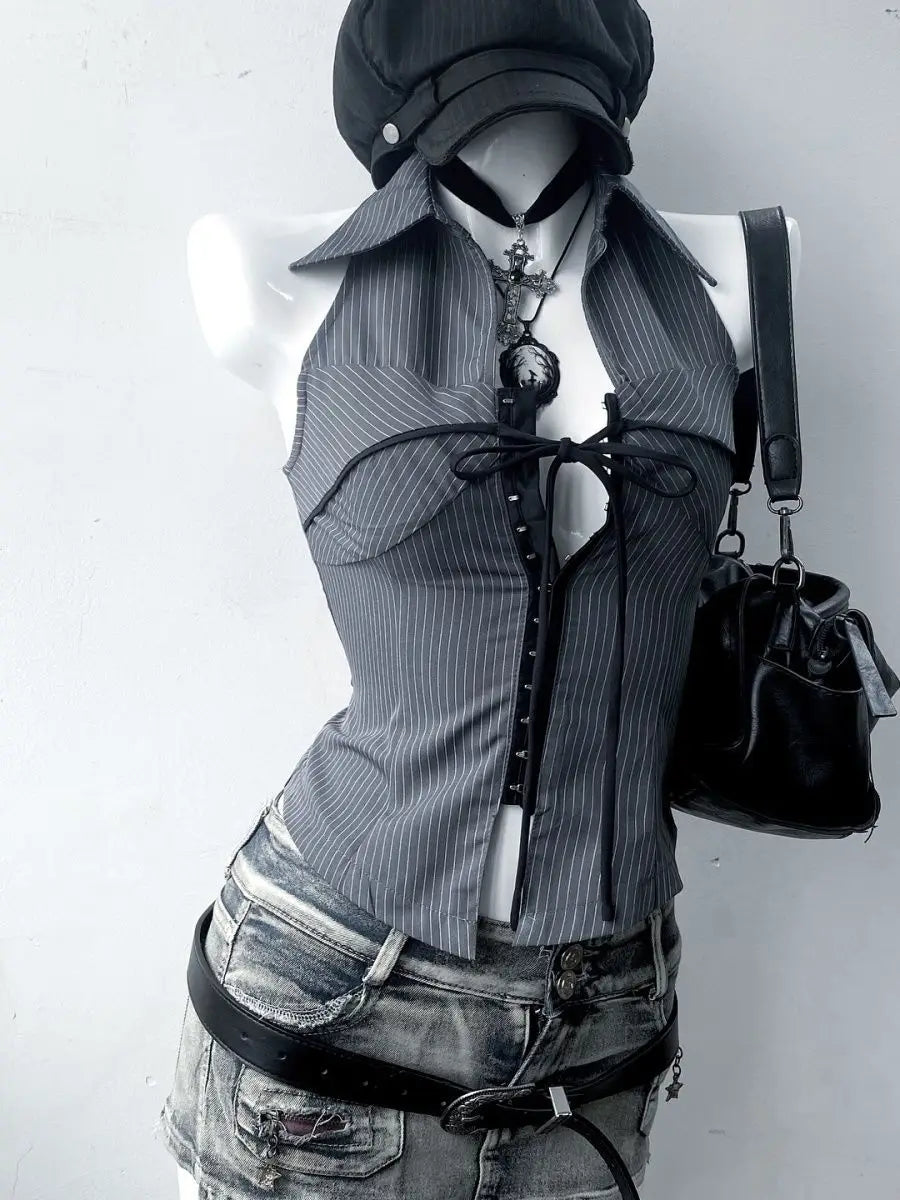 Vintage Striped Collared Sleeveless Low Cut Top — in alternativa