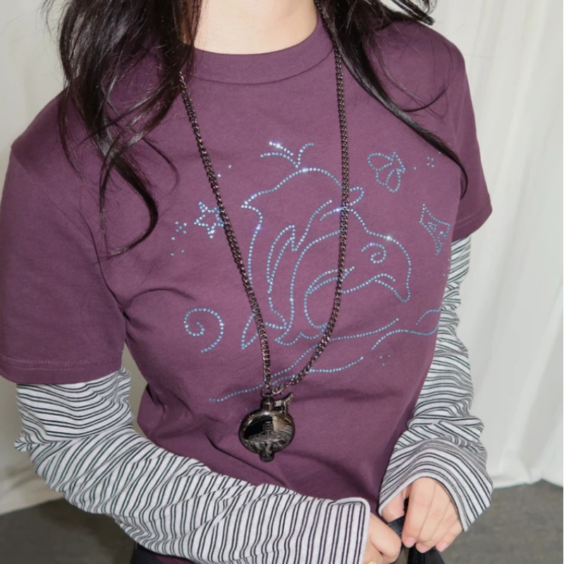 Vintage Striped Dolphin Graphic Long Sleeve Top — dettaglio