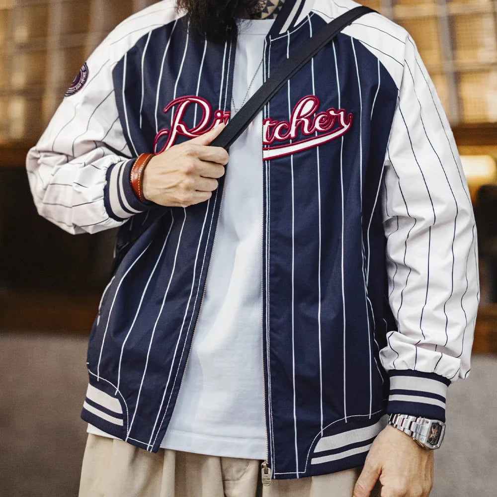 Vintage Striped Embroidered Baseball Jacket — vista posteriore