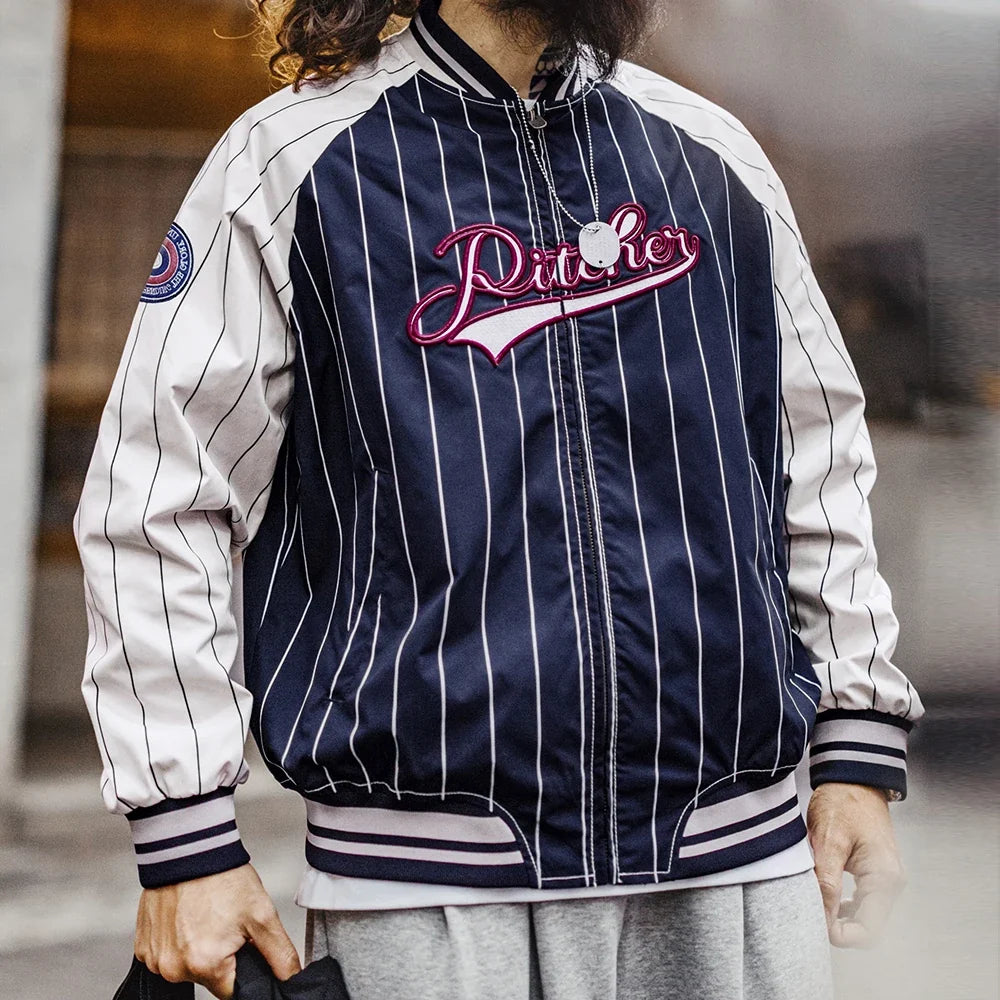 Vintage Striped Embroidered Baseball Jacket — dettaglio
