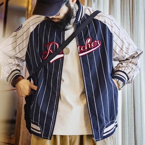 Vintage Striped Embroidered Baseball Jacket — vista frontale