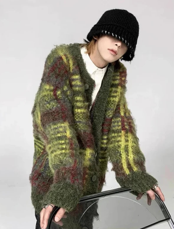 Vintage Striped Green Oversized Cardigan — vista frontale