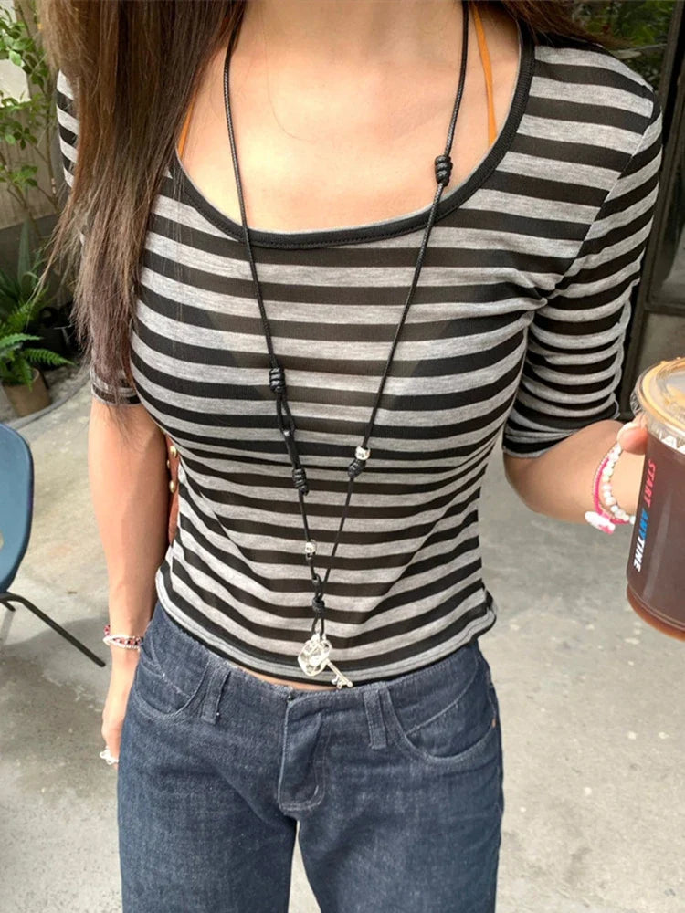Vintage Striped Sheer Mesh Top — dettaglio