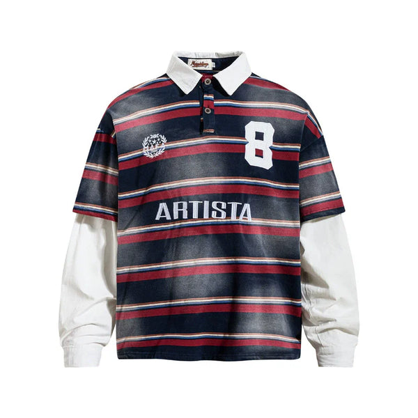 Vintage Striped Washed Mock Two Layer Polo Shirt — vista frontale