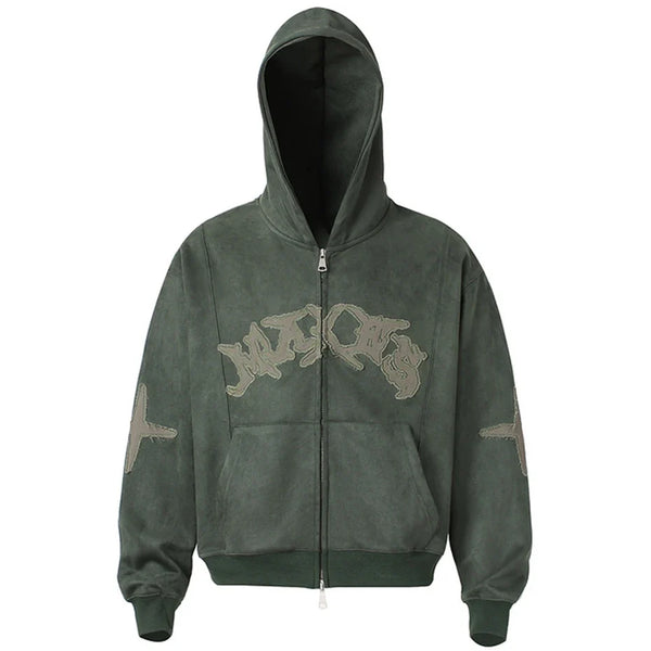 Y2K Vintage Suede Patchwork Zip Up Hoodie