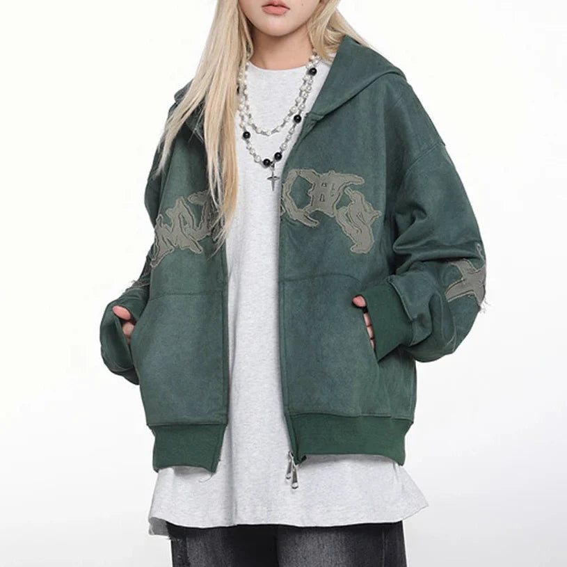 Vintage Suede Patchwork Zip Up Hoodie — dettaglio della stampa
