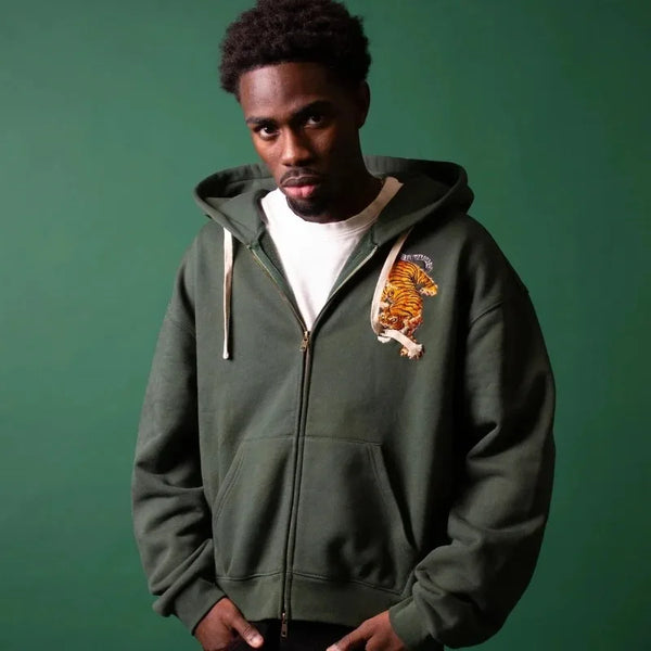 Y2K Vintage Tiger Embroidered Green Zip Up Hoodie