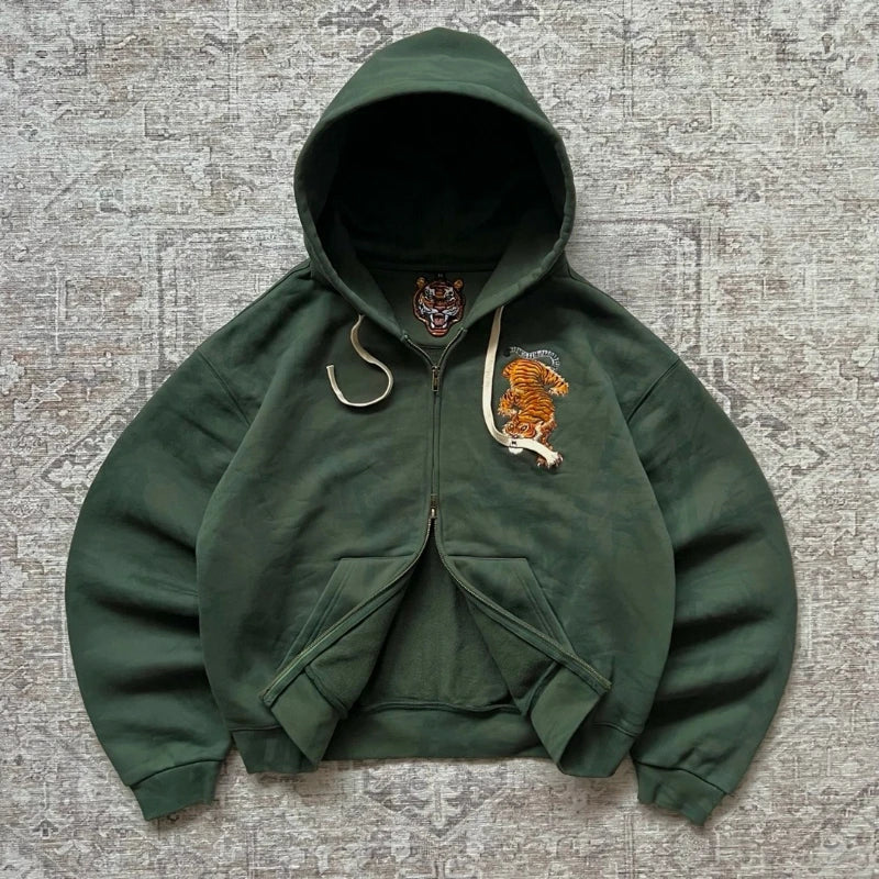 Vintage Tiger Embroidered Green Zip Up Hoodie — vista frontale