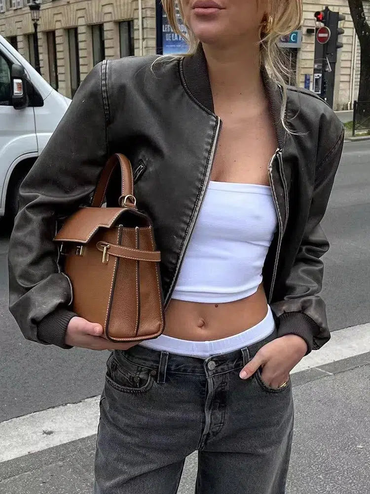 Vintage Washed Cropped Leather Jacket — dettaglio