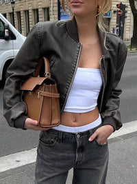 Vintage Washed Cropped Leather Jacket — dettaglio