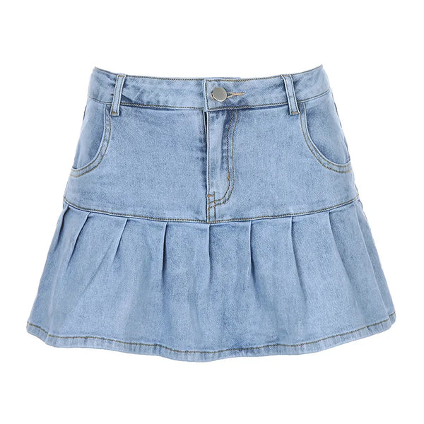 Vintage Washed Pleated Denim Mini Skirt Women — vista frontale