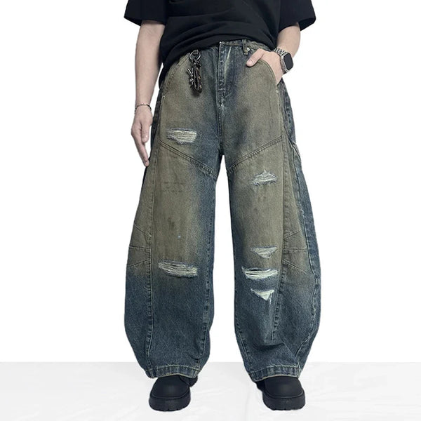 Washed Contrast Wide Leg Curved Knife Barrel Jeans — vista frontale