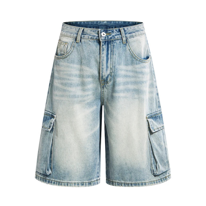 Washed Denim Cargo Jean Shorts Jorts — dettaglio della stampa