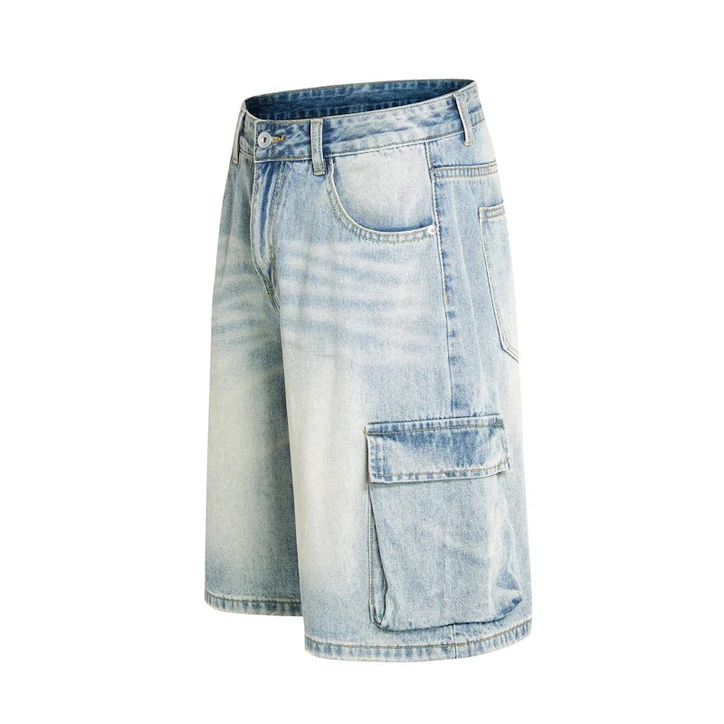 Washed Denim Cargo Jean Shorts Jorts — vista laterale