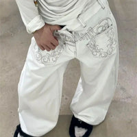White Embroidered Baggy Jeans — vista posteriore