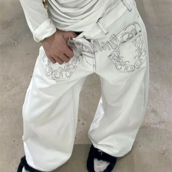 Y2K White Embroidered Baggy Jeans