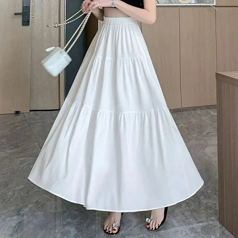 White Pink Tiered Casual Long Maxi Skirt — vista posteriore