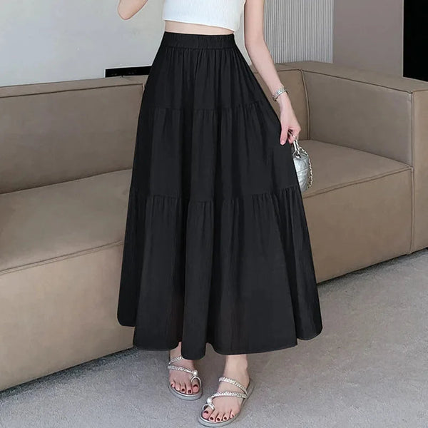 White Pink Tiered Casual Long Maxi Skirt — vista frontale