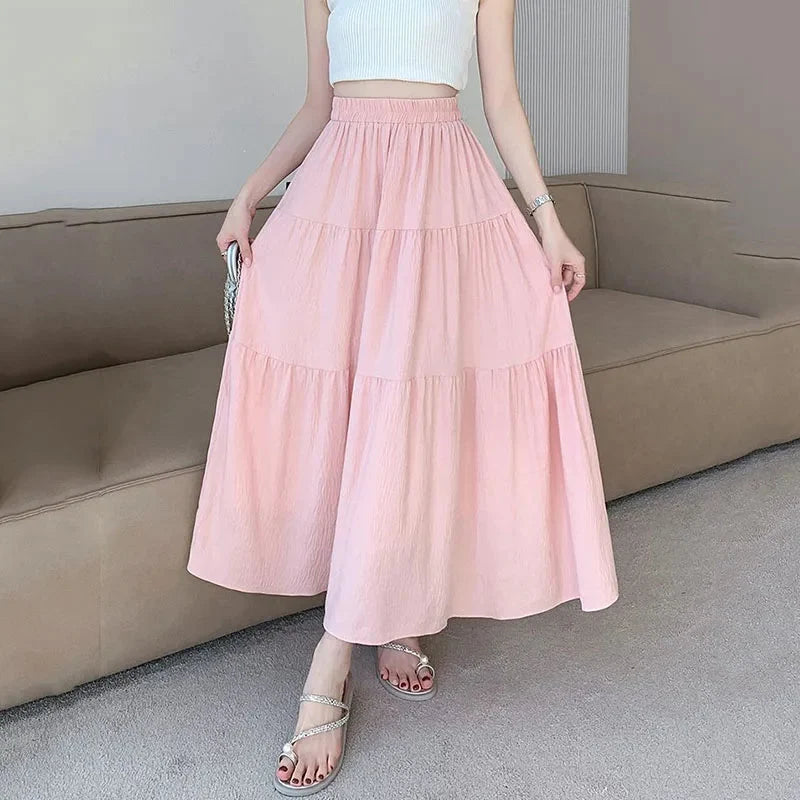 White Pink Tiered Casual Long Maxi Skirt — dettaglio