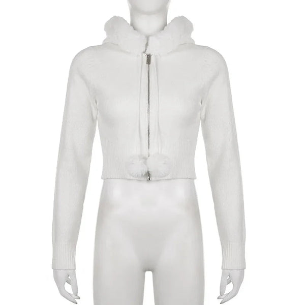 White Plush Crop Zip Up Hoodie — vista frontale