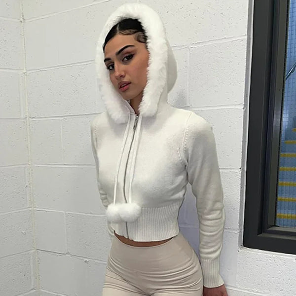 Y2K White Plush Crop Zip Up Hoodie