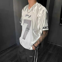 White Scripture Baggy V Neck Football Jersey — vista posteriore
