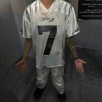 White Scripture Baggy V Neck Football Jersey — dettaglio del tessuto