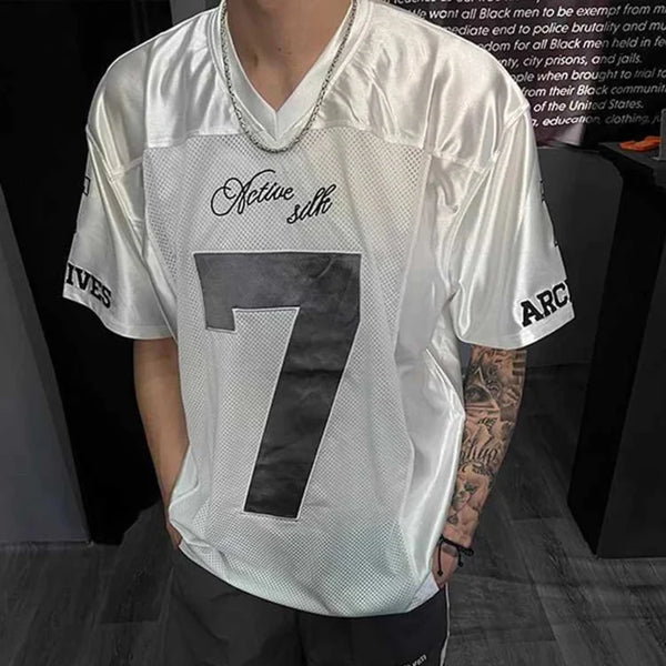 White Scripture Baggy V Neck Football Jersey — vista frontale