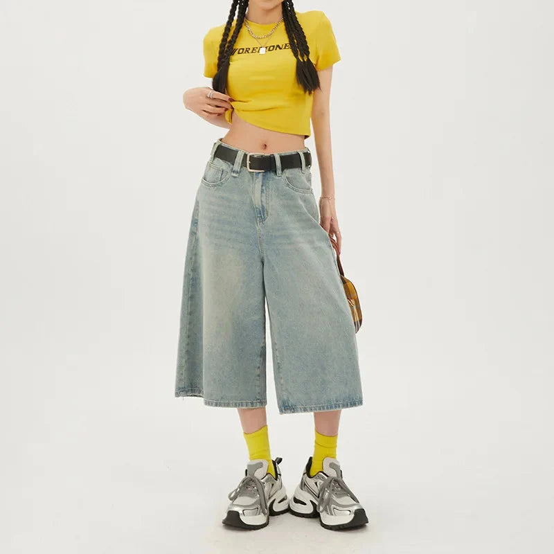 Wide Leg Denim Shorts Jorts — vista frontale