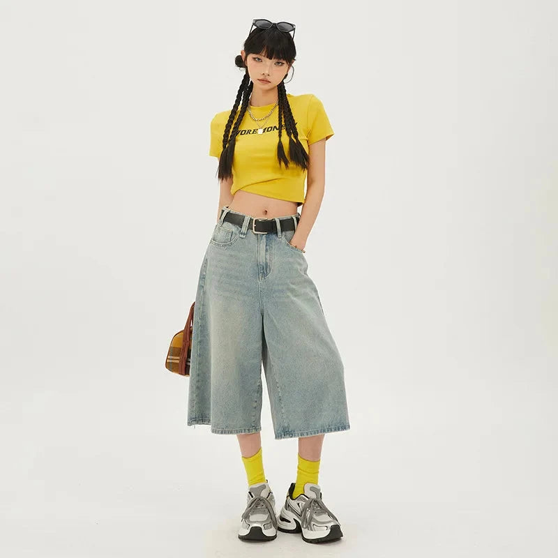 Wide Leg Denim Shorts Jorts — dettaglio della stampa
