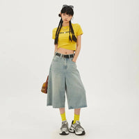 Wide Leg Denim Shorts Jorts — dettaglio della stampa
