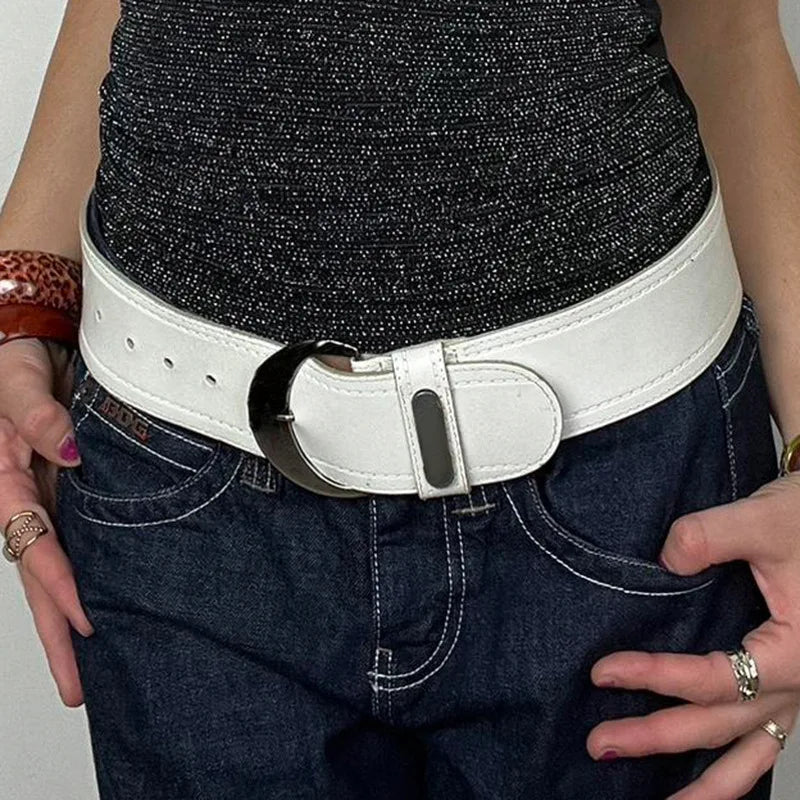 Wide White Leather Belt — vista frontale