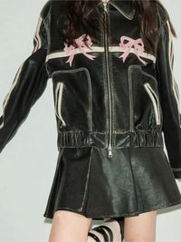 Women'S Bow Motorcycle Leather Zip Up Jacket — dettaglio