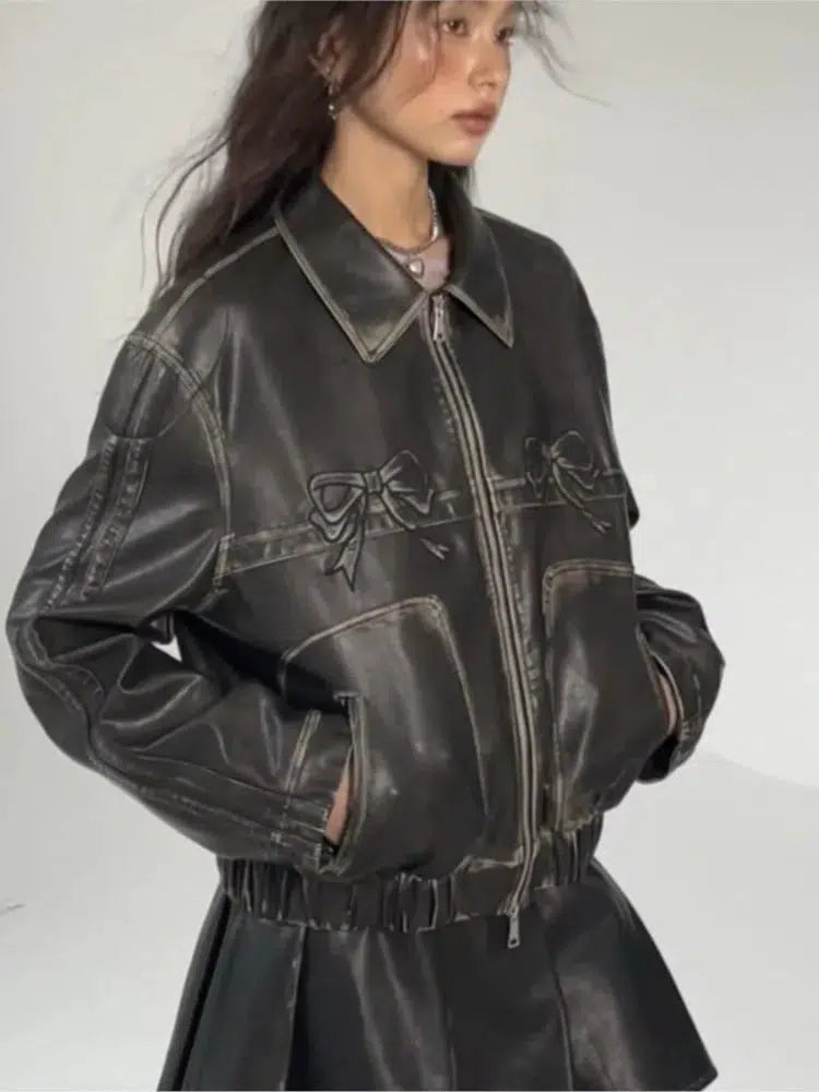 Women'S Bow Motorcycle Leather Zip Up Jacket — dettaglio della stampa