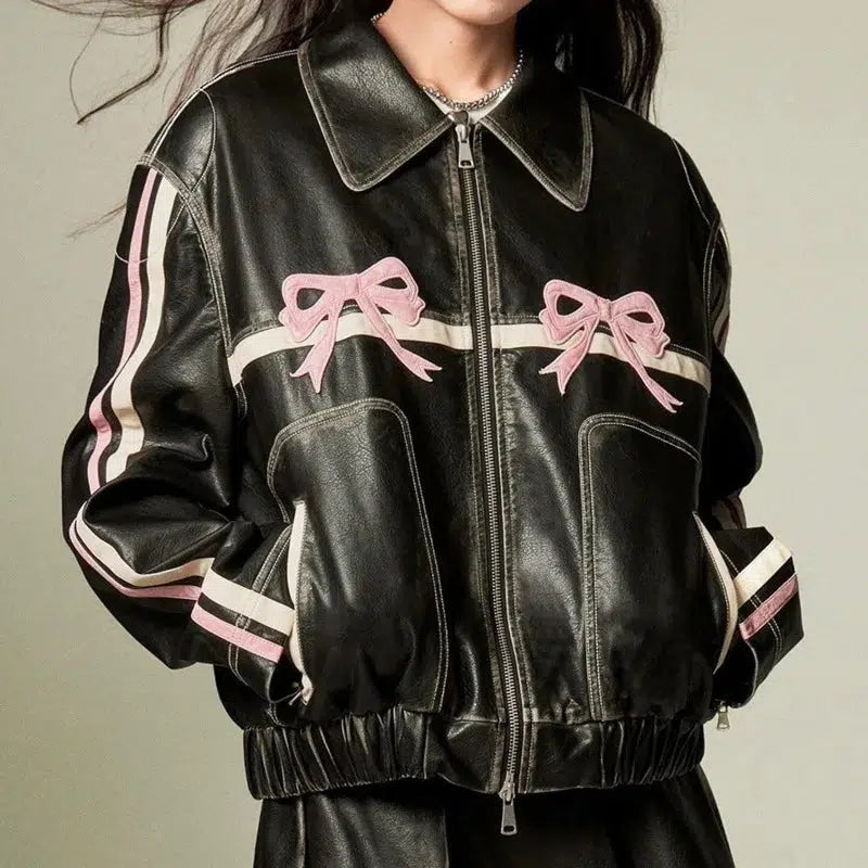 Women'S Bow Motorcycle Leather Zip Up Jacket — vista laterale