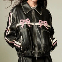 Women'S Bow Motorcycle Leather Zip Up Jacket — vista laterale