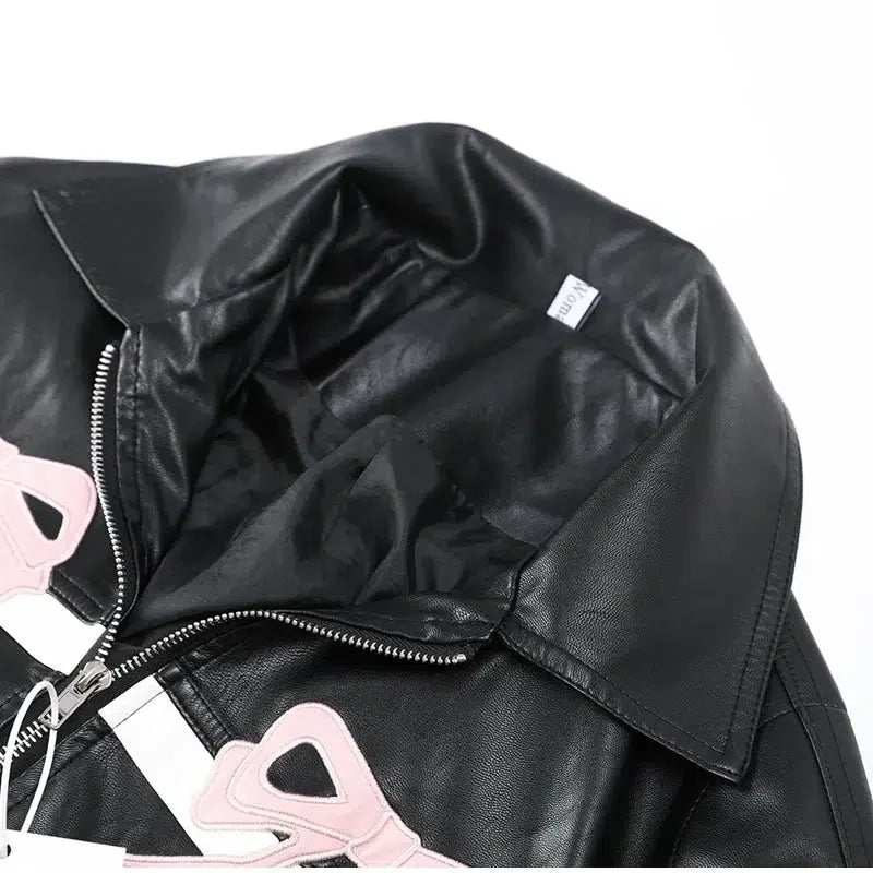 Women'S Bow Motorcycle Leather Zip Up Jacket — dettaglio del tessuto