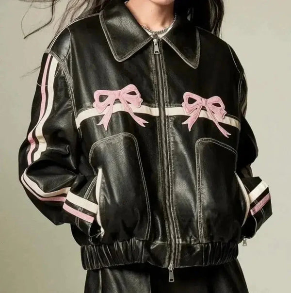 Women'S Bow Motorcycle Leather Zip Up Jacket — vista frontale