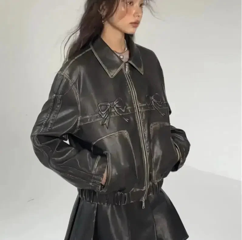 Women'S Bow Motorcycle Leather Zip Up Jacket — vista posteriore