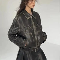 Women'S Bow Motorcycle Leather Zip Up Jacket — vista posteriore