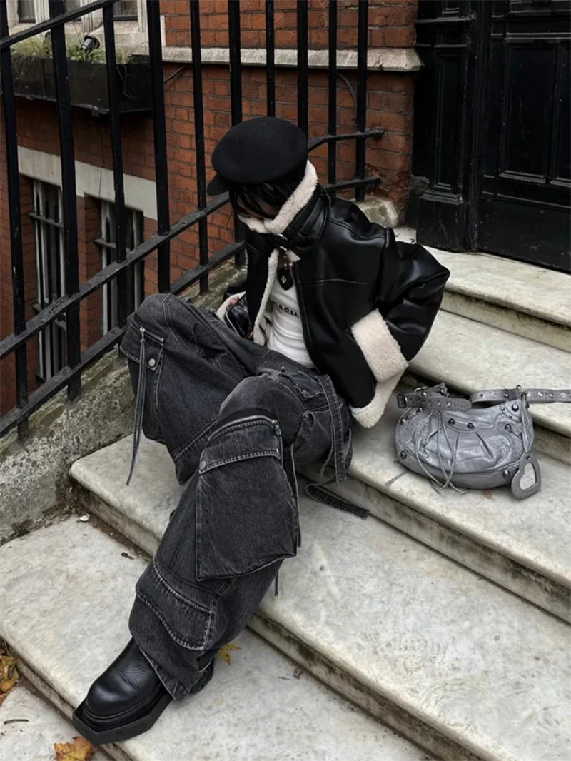Womens Black Baggy Gothic Cargo Jeans — dettaglio