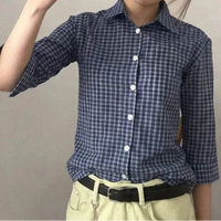 Womens Blue Plaid Three Quarter Casual Button Up Shirt — dettaglio della stampa