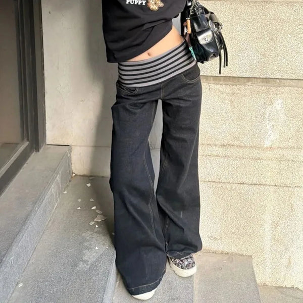 Womens Flared Baggy High Waist Striped Bootcut Jeans — vista frontale