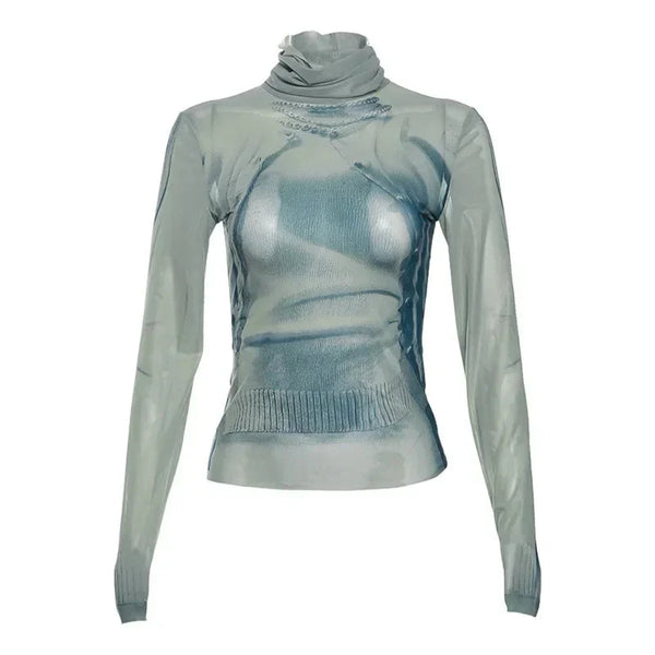 Womens Long Sleeve Turtle Neck Graphic Top — vista frontale