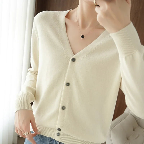 Womens Long Sleeve V Neck Button Up Cardigan — vista frontale