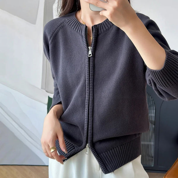 Y2K Womens O Neck Double Zip Cardigan